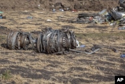 Airplane parts lie on the ground at the scene of an Ethiopian Airlines flight crash near Bishoftu, or Debre Zeit, south of Addis Ababa, Ethiopia, March 11, 2019.