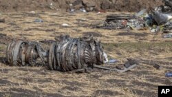 Puing-puing pesawat Ethiopian Airlines yang jatuh di dekat Bishoftu, selatan ibu kota Addis Ababa, Ethiopia.