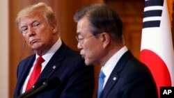 지난 6월 서울을 방문한 도널드 트럼프 미국 대통령이 문재인 한국 대통령과 공동 기자회견을 했다.