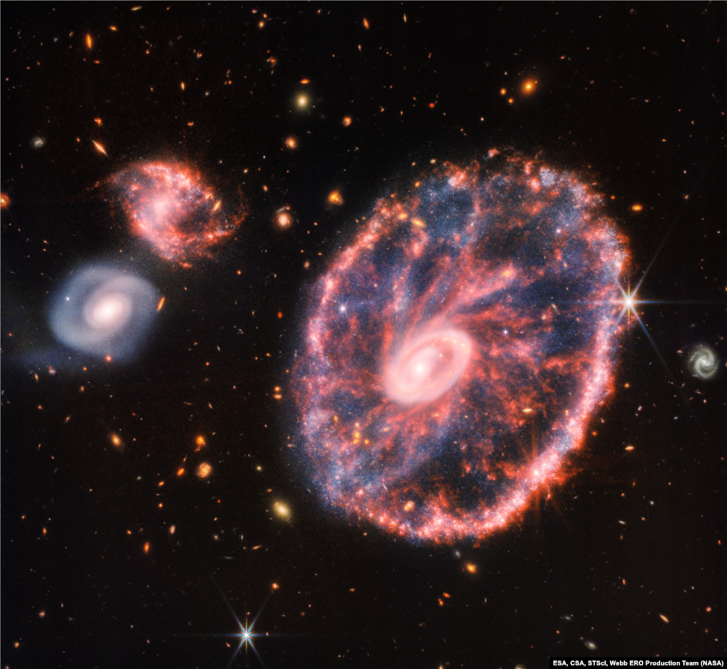 This image from Webb&rsquo;s Webb&rsquo;s Near-Infrared Camera (NIRCam) shows a group of galaxies, including a large distorted ring-shaped galaxy known as the Cartwheel.&nbsp;The Cartwheel Galaxy, located 500 million light-years away in the Sculptor constellation, is composed of a bright inner ring and an active outer ring. While the outer ring has a lot of star formation, the dusty area in between reveals many stars and star clusters.