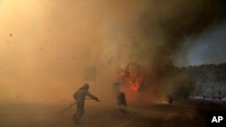 Lính cứu hỏa đang dập lửa cháy rừng gần thị trấn Megara, phía tây Athens, Hy Lạp