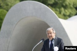 안토니우 구테흐스 유엔 사무총장이 지난 6일 일본 히로시마에서 진행된 원자폭탄 전몰자 77주년 위령식·평화기념식에서 연설하고 있다.