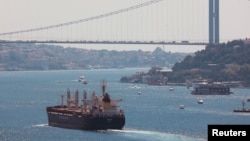 The Maltese-flagged bulk carrier 'Rojen', carrying Ukrainian grain, sails in the Bosphorus, Istanbul, Turkey, Aug. 7, 2022. 