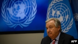 U.N. Secretary-General Antonio Guterres attends a press conference introducing the third report of the Global Crisis Response Group, examining the impact of the war in Ukraine on food, fuel, and finance, at U.N. headquarters in New York, Aug. 3, 2022.