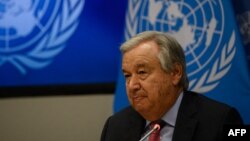 FILE - U.N. Secretary-General Antonio Guterres speaks to reporters at U.N. headquarters in New York, Aug. 3, 2022.