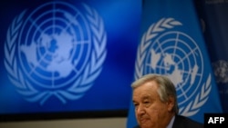 U.N. Secretary-General Antonio Guterres attends a press conference introducing the third report of the Global Crisis Response Group, examining the impact of the war in Ukraine on food, fuel, and finance, at U.N. headquarters in New York, Aug. 3, 2022.