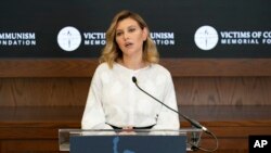 Olena Zelenskyy, spouse of Ukrainian's President Volodymyr Zelenskyy, speaks after accepting the Dissident Human Rights Award on behalf of the people of Ukraine for their brave fight against Russia at the Victims of Communism Museum in Washington, July 19,