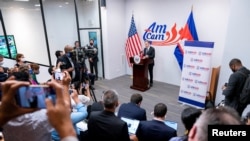 U.S. Secretary of State Antony Blinken speaks at the AmCam Exchange in Phnom Penh, Cambodia, Aug. 4, 2022.