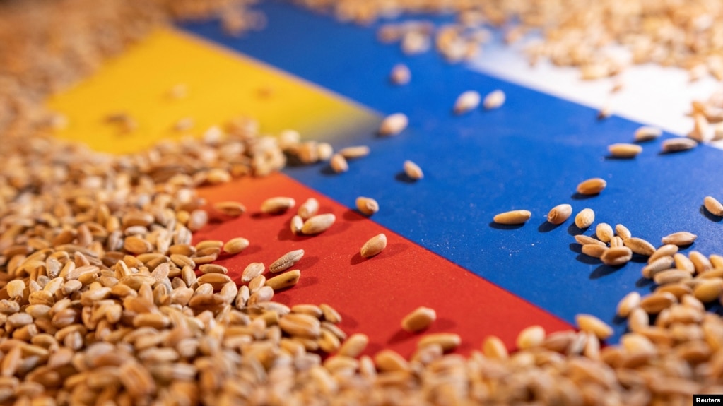 铺满谷粒的乌克兰国旗（左）和俄罗斯国旗。(photo:VOA)