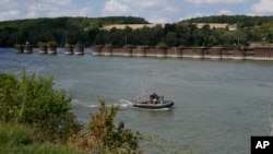 FILE - French fire brigade tracking on a boat a Beluga whale that strayed far from its Artic habitat into the Seine River, raising fears the mammal could starve, Aug. 5, 2022.