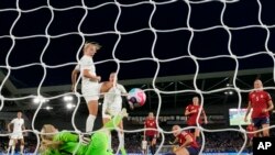 FILE - England's Beth Mead, center left, scores her third goal, England's 8th, during the Women Euro 2022 group A soccer match between England and Norway at Brighton & Hove Community Stadium in Brighton, England, July 11, 2022.