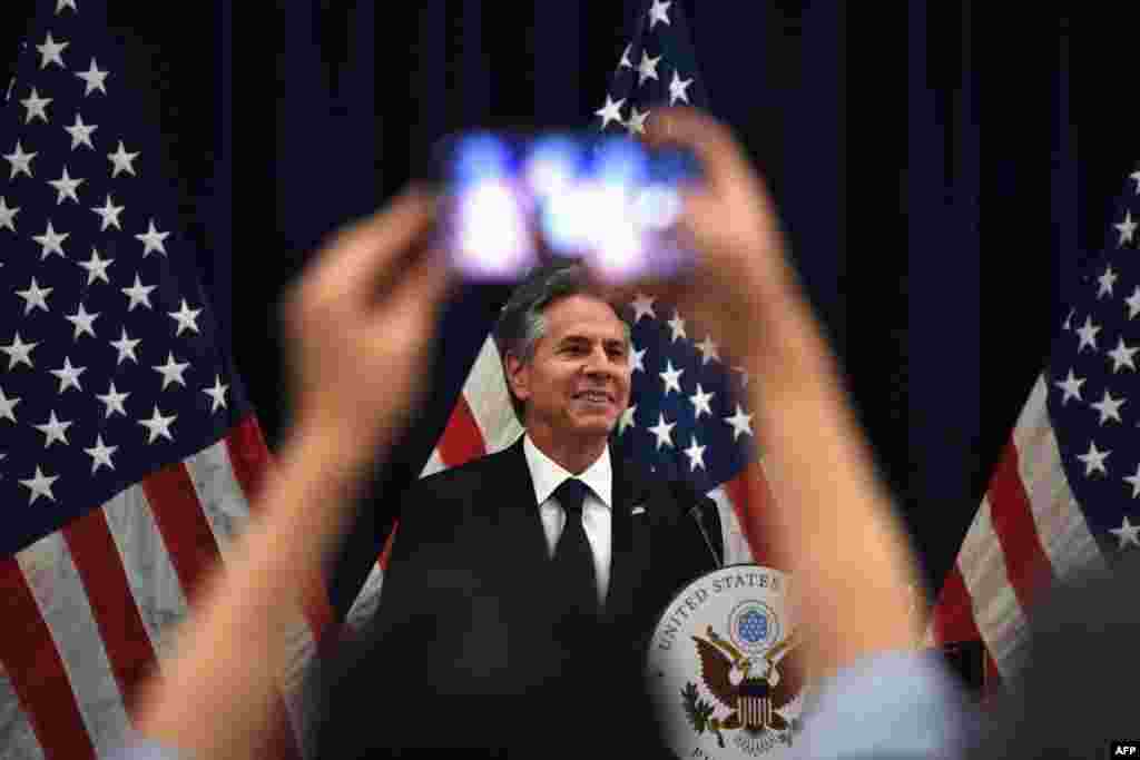 U.S. Secretary of State Anthony Blinken takes part in a press conference after attending events at the 55th ASEAN Foreign Ministers' Meeting in Phnom Penh, Cambodia.