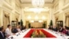 In this photo provided by Ministry of Communications and Information, Singapore, U.S. House Speaker Nancy Pelosi, fourth from left, and Prime Minister Lee Hsien Loong, fourth from right, meet at the Istana Presidential Palace in Singapore, Aug. 1, 2022. 