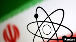 The atom symbol and the Iranian flag are seen in this illustration, July 21, 2022.