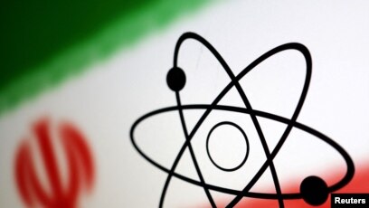 The atom symbol and the Iranian flag are seen in this illustration, July 21, 2022.