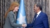 Somali President Hassan Sheikh Mohamud, right, greets USAID administrator Samantha Power during her visit to Mogadishu, July 25, 2022. (Twitter @TheVillaSomalia)