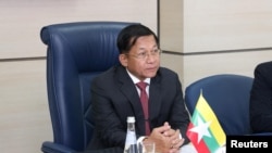 Myanmar's Prime Minister and State Administrative Council Chairman Min Aung Hlaing attends a meeting with Director General of Roscosmos Dmitry Rogozin in Moscow, Russia July 12, 2022. (Roscosmos/Handout via REUTERS)