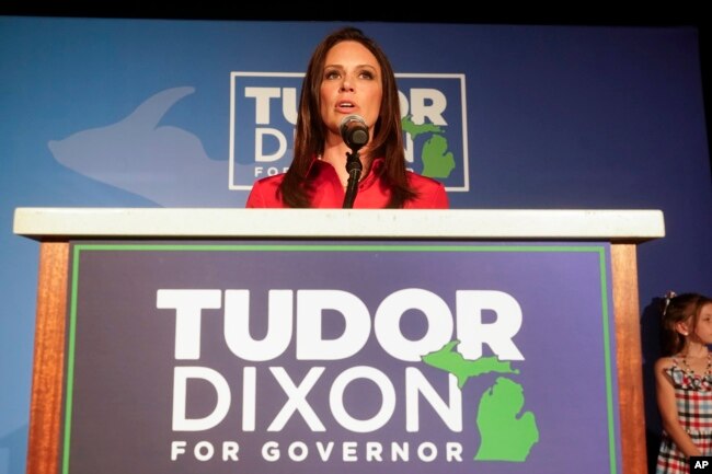 Tudor Dixon, candidate for the Republican nomination for Michigan governo, speaks at a primary-night party in Grand Rapids, Mich., Tuesday, Aug. 2, 2022. Dixon won the primary, and will face Democratic Gov. Gretchen Whitmer. (AP Photo/Paul Sancya)