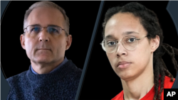 FILE - This combination photo features Americans Paul Whelan, left, and Brittney Griner, both detained in Russia. Whelan's family said he called them early Dec. 2, 2022, the first contact he had with them in more than a week.