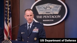 FILE - Then-Col. Patrick S. Ryder, spokesman for the U.S. Air Force, talks to reporters at the Pentagon in Washington, Sept. 19, 2019. Ryder, now a brigadier general, will serve as the new Pentagon press secretary. (Petty Officer 2nd Class James K. Lee/Defense Department)