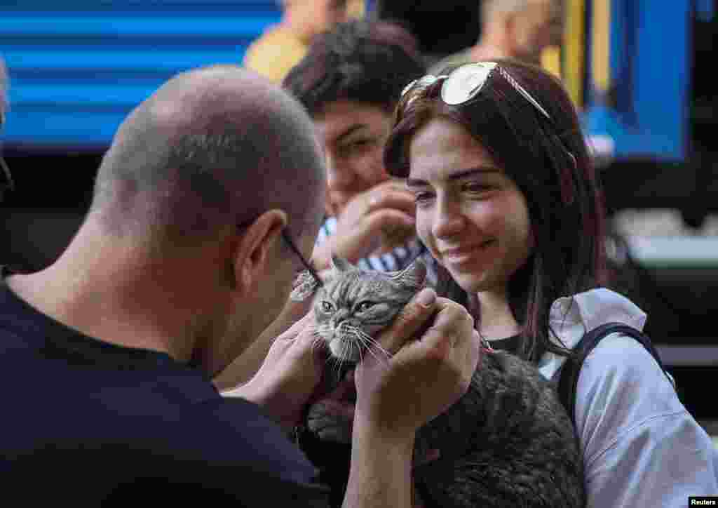 A father says goodbye to a cat and his daughter as they board a train to Dnipro and Lviv, in Pokrovsk, Donetsk region, during an evacuation effort from war-affected areas of eastern Ukraine.