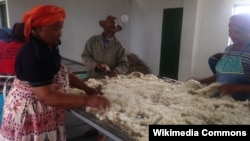 FILE - Local men and women who own livestock are preparing sheep hair to sell to wool manufacturers, in Xhosa village, Eastern Cape, South Africa, Sept. 19, 2017. (Sive Mbali/Wikimedia Commons)