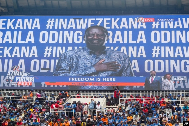 Supporters sit in the stands during Kenyan presidential candidate Raila Odinga's final election campaign rally at Kasarani stadium, in Nairobi, Kenya, Aug. 6, 2022.