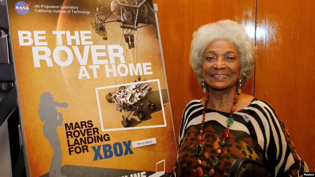Trailblazing actress Nichelle Nichols, who played the character Uhura in the original "Star Trek" TV series, poses at NASA's Jet Propulsion Lab in Pasadena, California, Aug. 5, 2012.