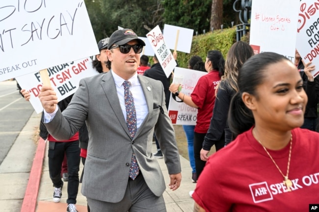 Konstantine Anthony, Vice Mayor of Burbank, marches with the crowd at a rally at the Walt Disney Company in Burbank spearheaded by advocates from AIDS Healthcare Foundation on March 03, 2022 in Burbank, Calif. (Dan Steinberg/AP Images for AIDS Healthcare Foundation)