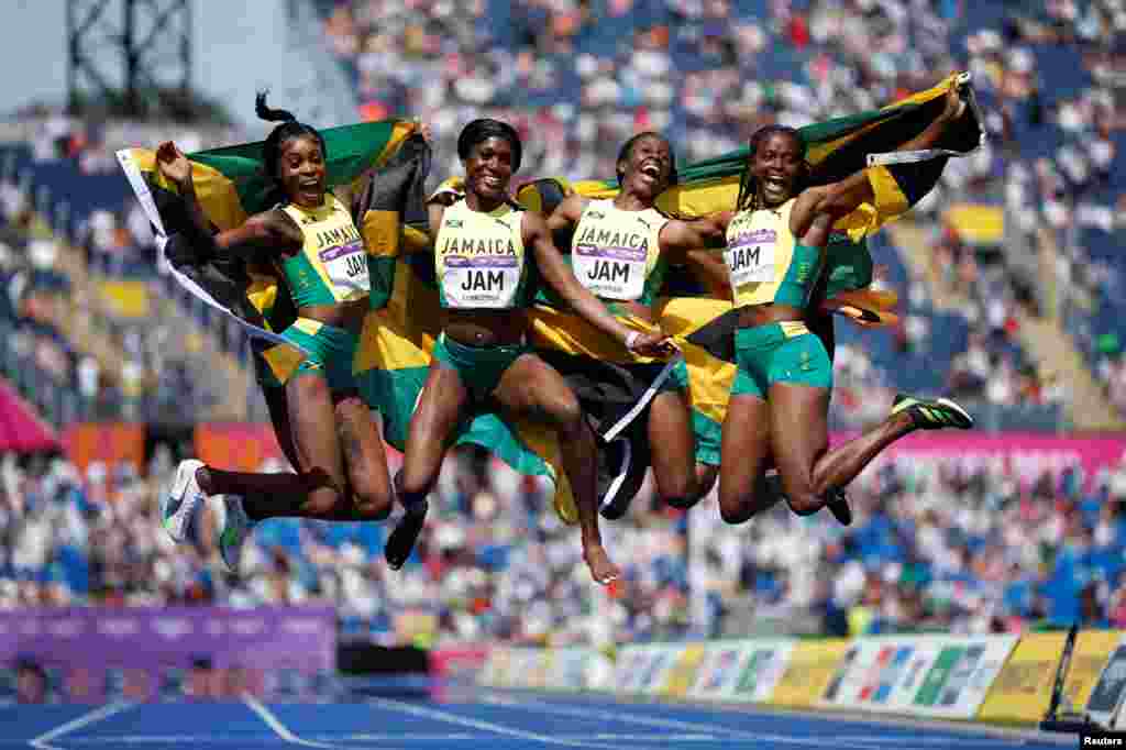 Jamaica&#39;s Elaine Thompson-Herah, Remona Burchell, Kemba Nelson and Natalliah Whyte celebrate after winning bronze in the women&#39;s 4 x 100m relay final event at the Alexander Stadium, Birmingham, England, during the Commonwealth Games.