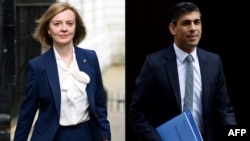 FILE - Foreign Secretary Liz Truss, left, and former Finance Minister Rishi Sunak are the final two candidates for the Tory party leadership run-off following a vote on July 20, 2022. 