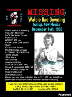 Missing persons notice for Walcie Rae Downing, who disappeared in New Mexico in 1956, the earliest case listed on a new FBI database.