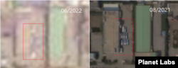 개성공단의 한 공장 건물을 촬영한 6월 14일 위성사진과 작년 고화질 위성사진을 비교한 모습. 파란물체(왼쪽 사각형)가 버스(오른쪽 사각형)라는 사실을 유추해 볼 수 있다. 자료=Planet Labs