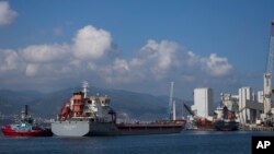 The cargo ship Polarnet, center, arrives to Derince port in the Gulf of Izmit, Turkey, Aug. 8, 2022. The Polarnet is the first Ukrainian grain shipment to arrive at its destination in Turkey under a deal to unblock grain supplies amid the threat of a global food crisis.