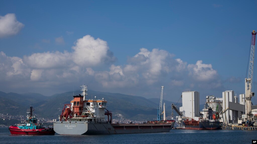 土耳其Polarnet号货轮装载乌克兰粮食抵达土耳其代林杰港（2022年8月8日）(photo:VOA)