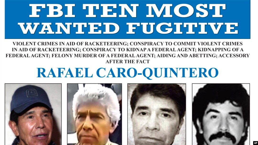 Foto Achiv: Imaj FBI pibliye montre yon avi rechech pou Rafael Caro-Quintero, bwon dwog ki te konplote asasina yon ajan DEA Ameriken an 1985. 
