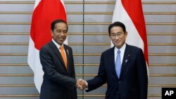 Presiden Indonesia Joko Widodo (kiri) dan Perdana Menteri Jepang Fumio Kishida bertemu di kediaman resmi perdana menteri di Tokyo, Rabu, 27 Juli 2022. (Kiyoshi Ota/Pool Photo via AP)