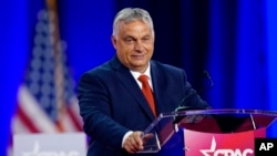 Hungarian Prime Minister Viktor Orban pauses while speaking at the Conservative Political Action Conference in Dallas, Aug. 4, 2022.