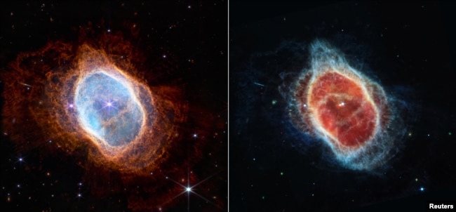 Two side-by-side images show observations of the Southern Ring Nebula in near-infrared light, at left, and mid-infrared light, at right, from NASA's James Webb Space Telescope. The image was released July 12, 2022. (Image Credit: NASA, ESA, CSA, STScI, Webb ERO Production Team/Handout via REUTERS)