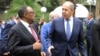 Russian Foreign Minister Sergey Lavrov, right, speaks with Ethiopian Deputy Prime Minister Demeke Mekonnen, left, as they visit the compound of the Russian Embassy in Addis Ababa, Ethiopia, July 27, 2022.