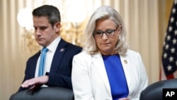 Rep. Adam Kinzinger, Vice Chair Liz Cheney, both Republicans, arrive as the House select committee investigating the Jan. 6 attack on the US Capitol holds a hearing July 21, 2022.