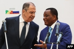 FILE - Russian Foreign Minister Sergey Lavrov and Jean-Claude Gakosso, Foreign Minister of the Republic of Congo, hold a joint press conference in the town of Oyo on July 25, 2022.