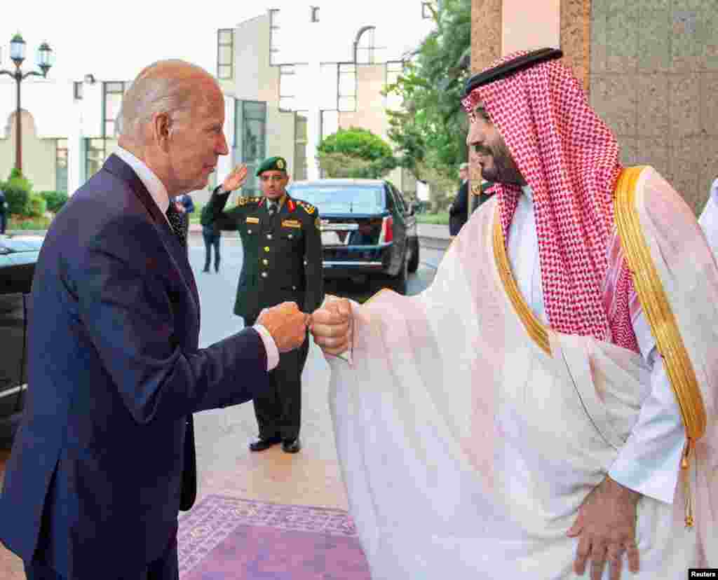 Saudi Crown Prince Mohammed bin Salman fist bumps U.S. President Joe Biden upon his arrival at Al Salman Palace, in Jeddah, Saudi Arabia. (Bandar Algaloud/Courtesy of Saudi Royal Court/Handout via Reuters)