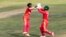 হারারে স্পোর্টস ক্লাবে বাংলাদেশ এবং স্বাগতিক জিম্বাবুয়ের মধ্যে অনুষ্ঠিত তৃতীয় এবং শেষ টি-টোয়েন্টি ক্রিকেট ম্যাচ চলাকালীন জিম্বাবুয়ের উইকেটরক্ষক রেজিস চাকাবভা এবং বোলার ওয়েসলি মাধভেরে এনামুল হক বিজয়ের উইকেট নেয়ার পর উল্লাস করছেন। (ছবি জেকেসাই জিকিজ