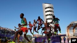 Runners compete during the men&#39;s 3000-meter steeplechase final at the World Athletics Championships, in Eugene, Oregon, U.S.