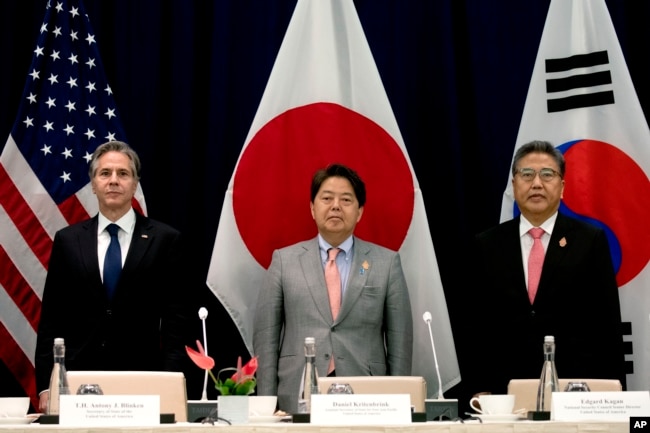 From L to R, U.S. Secretary of State Antony Blinken, Japanese Foreign Minister Yoshimasa Hayashi and South Korean Foreign Minister Park Jin during a trilateral meeting at the G-20 Foreign Ministers Summit in Nusa Dua, Bali, Indonesia, July 8, 2022.