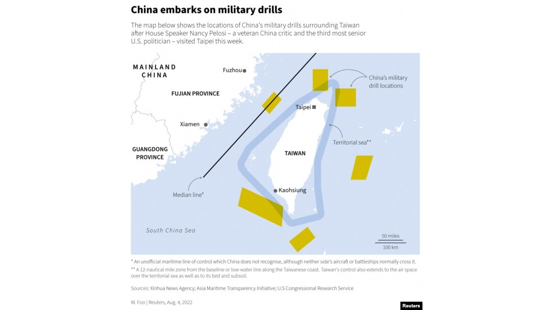 Locations of China's military exercises.