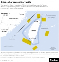 Locations of China's military exercises.