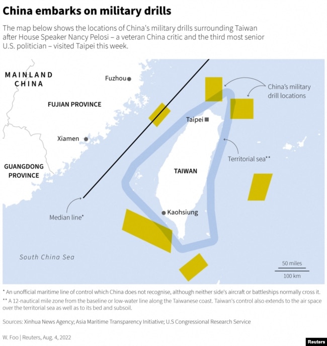 Locations of China's military exercises.