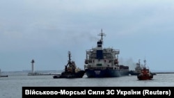 The Sierra Leone-flagged ship Razoni leaves the sea port in Odesa after restarting grain export, amid Russia's attack on Ukraine, Ukraine August 1, 2022.